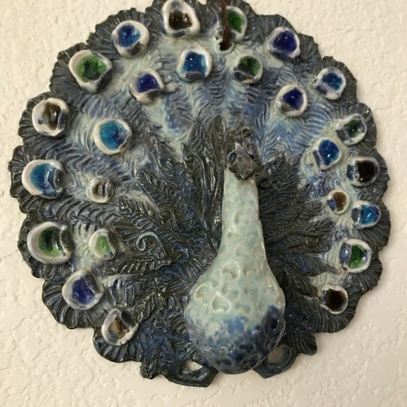 Artisan Blue and Green Sculpted Peacock Funky Ceramic Wall Decor Handmade Signed - Picture 6 of 6